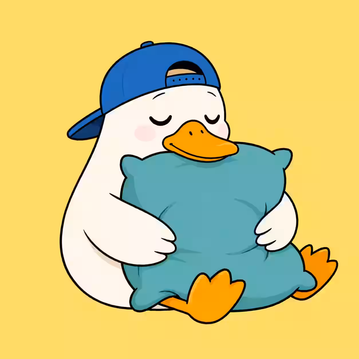 Cute sleepy duck hugging a blue pillow while wearing a backwards blue cap on a yellow background.