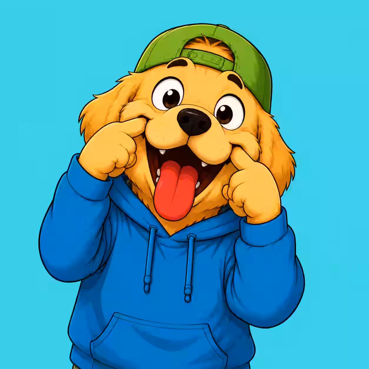 Funny golden dog wearing a blue hoodie and green cap, pointing at its cheeks with a big smile and tongue out, cartoon profile picture on a bright blue background.