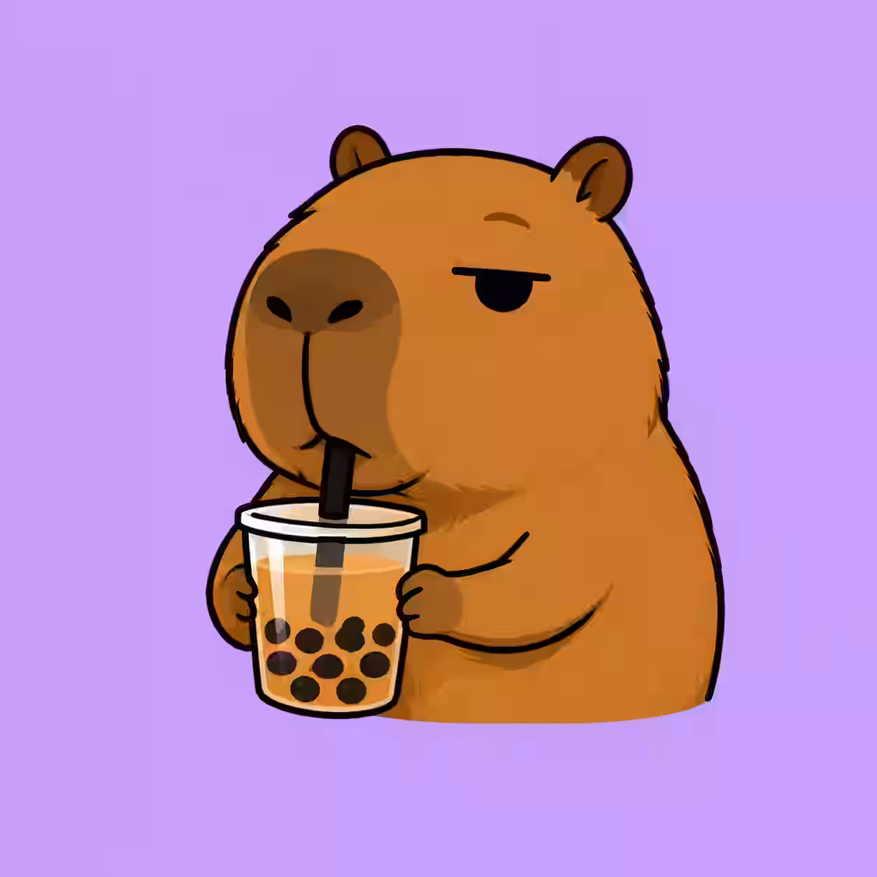 Funny capybara drinking bubble tea with a bored expression, simple cartoon profile picture on a purple background.
