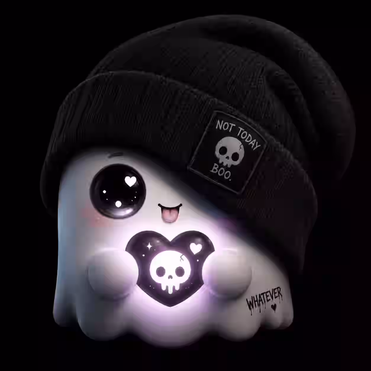3D cute kawaii ghost wearing a black beanie with a skull patch, holding a glowing purple skull heart, winking on a black background