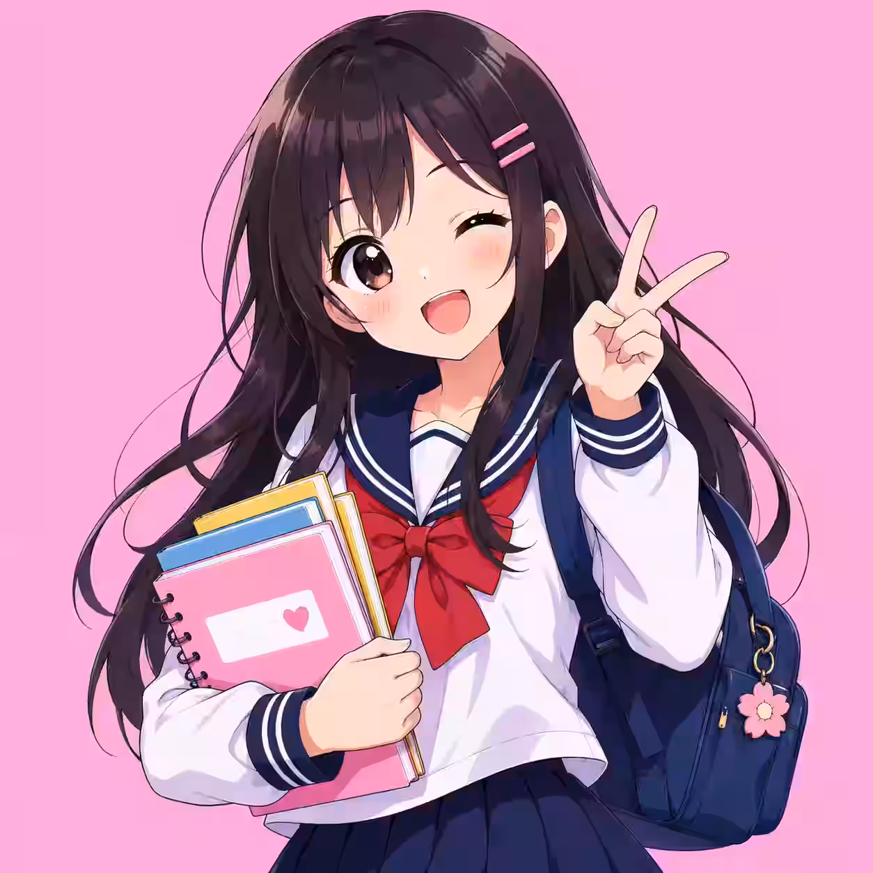 Cute anime school girl holding notebooks and making a peace sign with a pink background.
