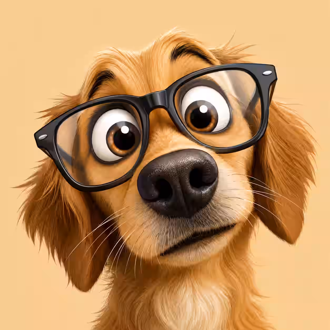 Funny golden dog wearing oversized black glasses with huge eyes, confused expression, close-up cartoon profile picture on a simple beige background.