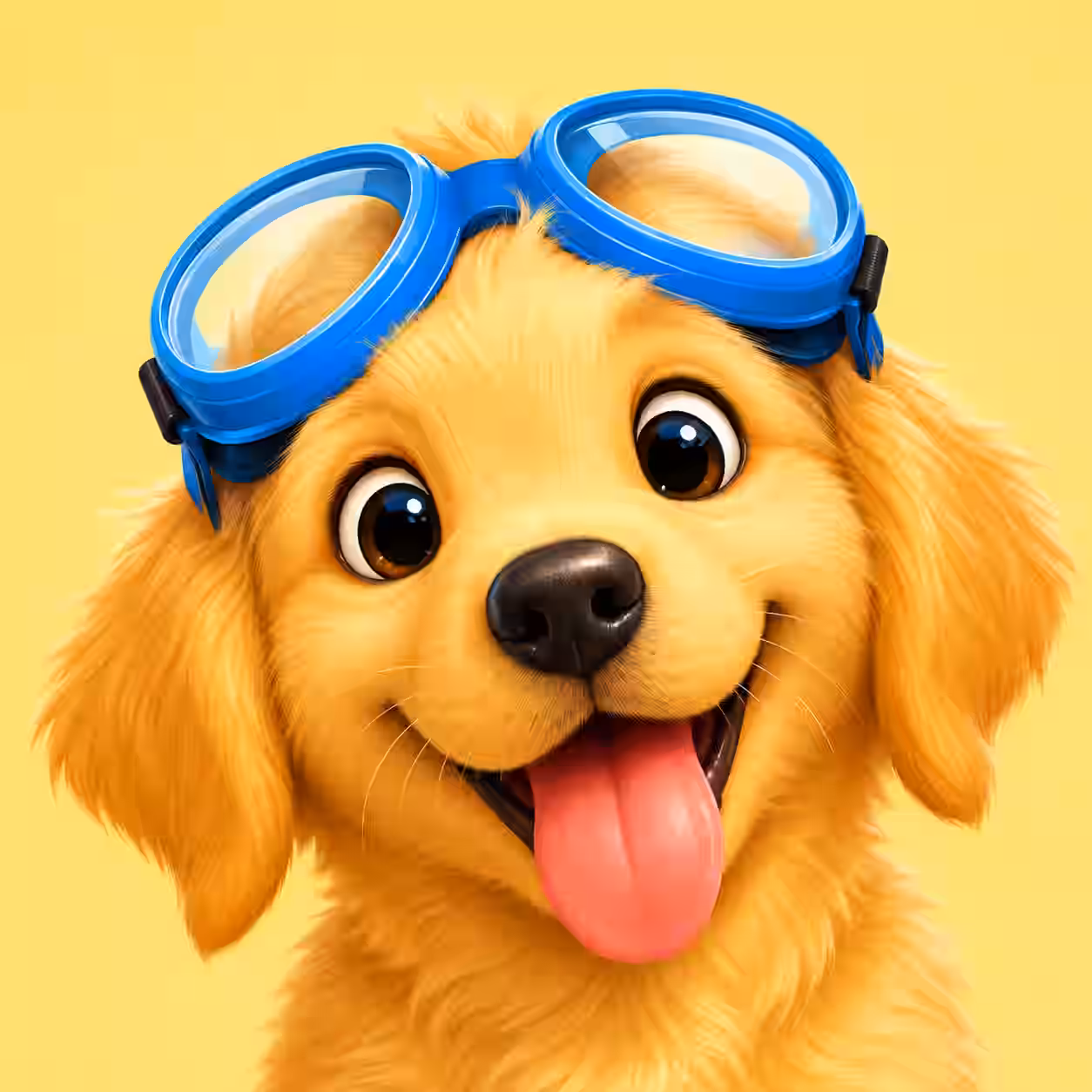 Cute golden retriever puppy wearing blue swimming goggles with tongue out on a yellow background, 3d cartoon style