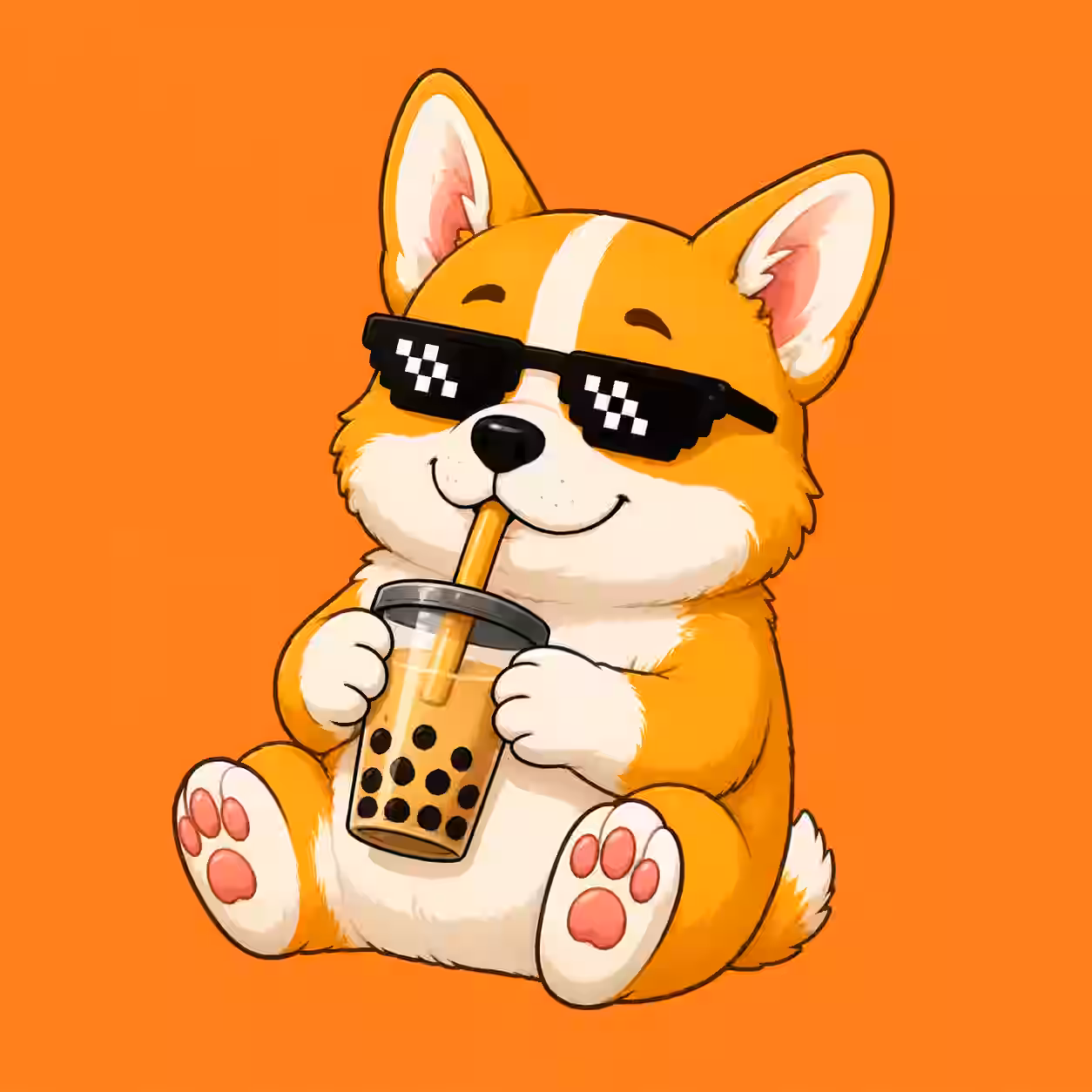 Cute Shiba Inu dog wearing pixel sunglasses and drinking bubble tea, cartoon profile picture with a cool expression on an orange background.