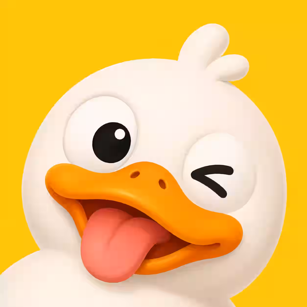 Cute white duck winking with its tongue out in a funny cartoon style.
