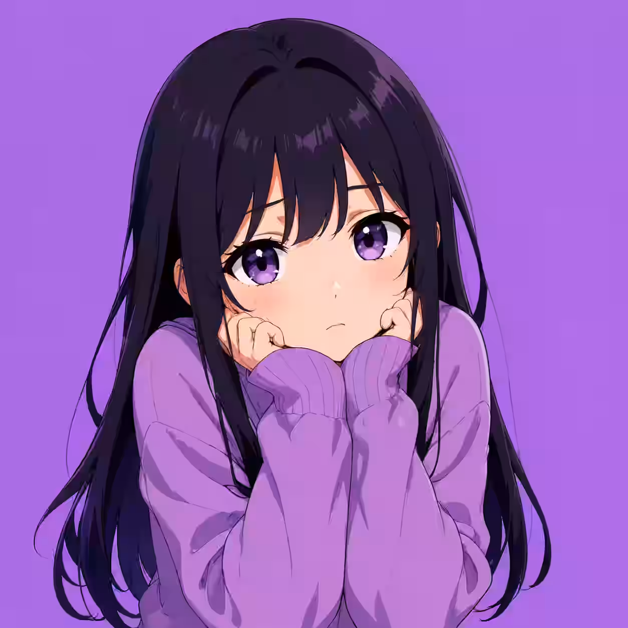 Cute anime girl with purple eyes wearing an oversized purple sweater.