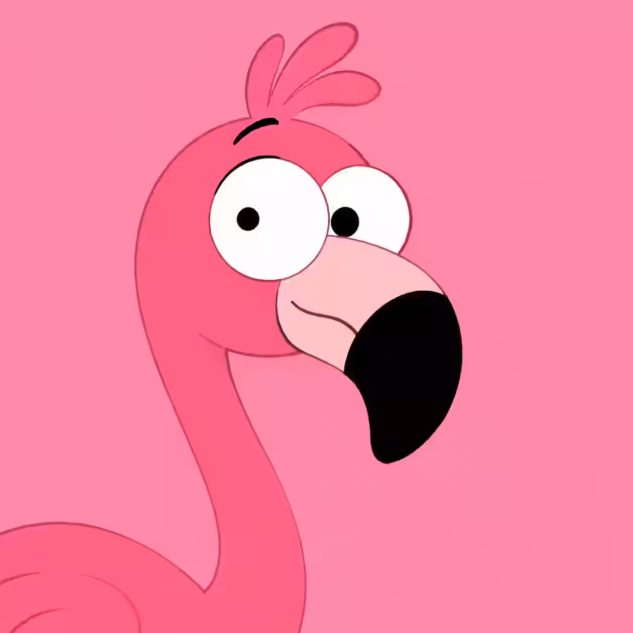 Cute pink flamingo cartoon profile picture with a funny face on a pink background.