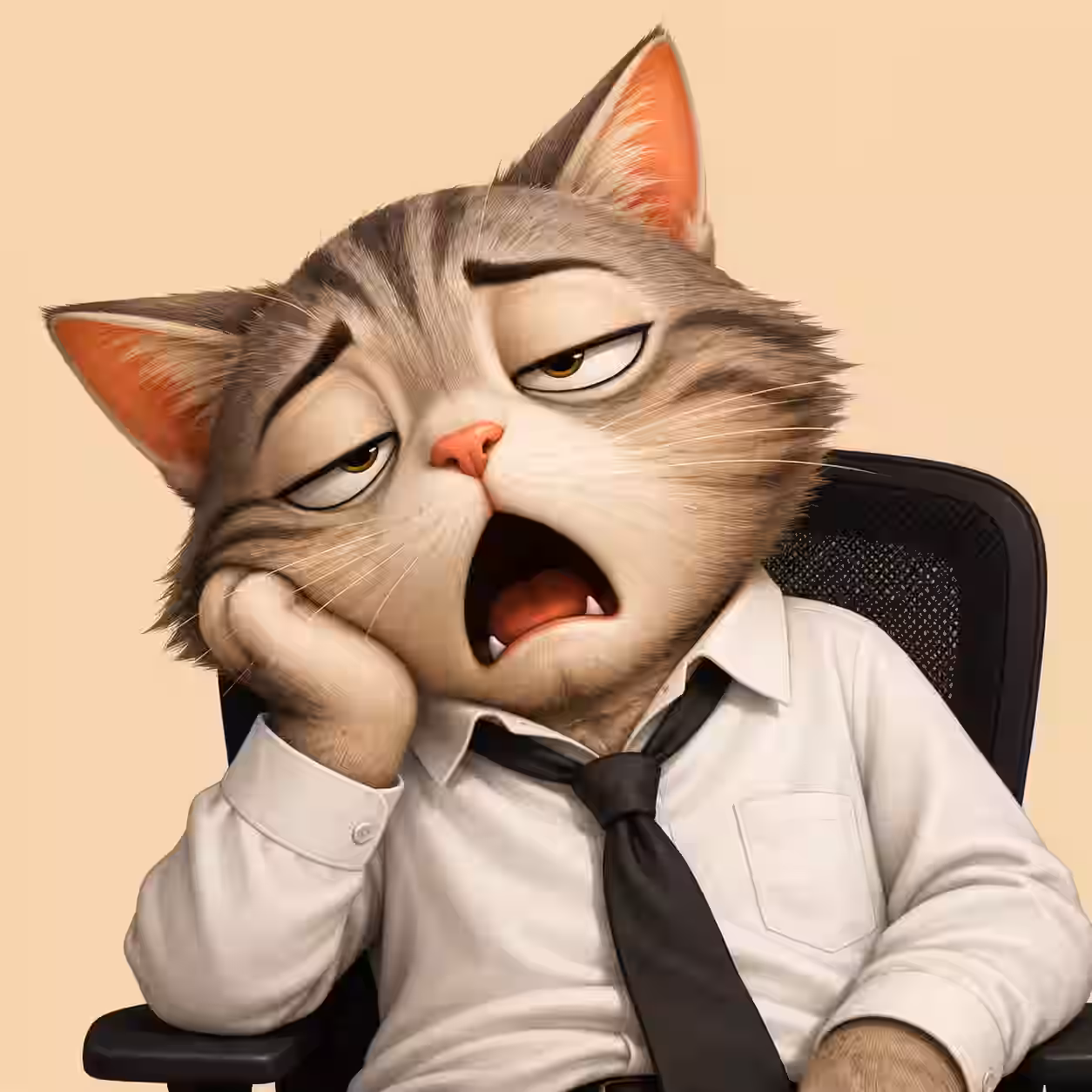 Funny sleepy office cat yawning with half-closed eyes, white shirt and black tie, sitting in an office chair, close-up cartoon profile picture on a simple beige background.