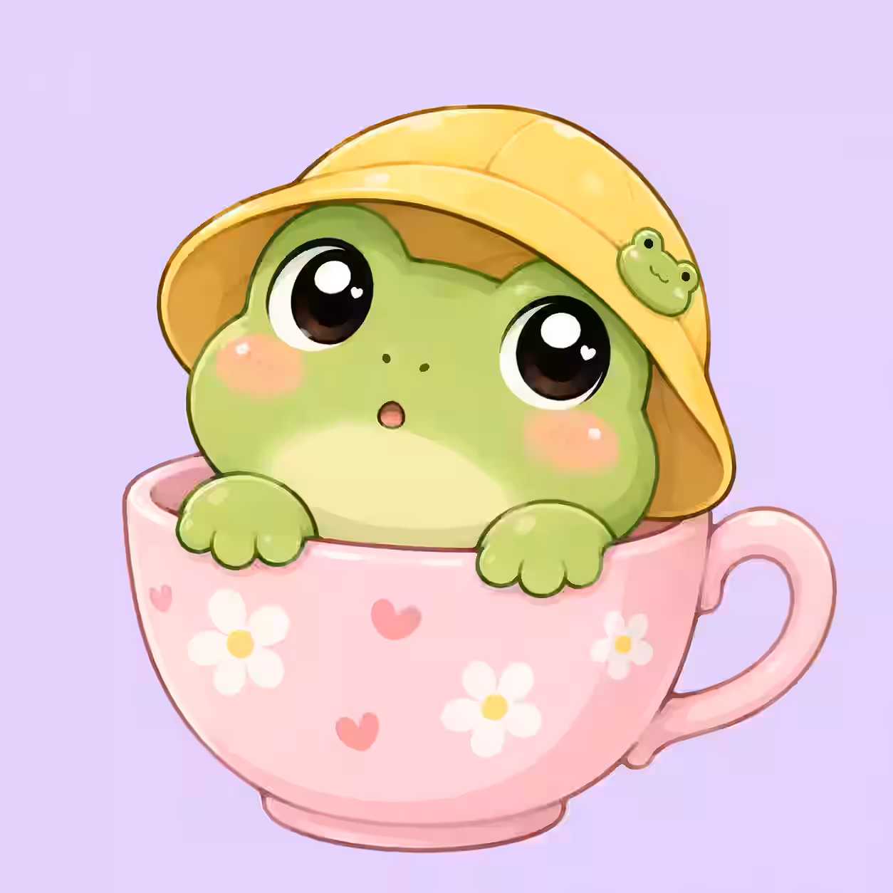 Cute kawaii green frog wearing a yellow bucket hat sitting inside a pink teacup with daisies and hearts on a purple background