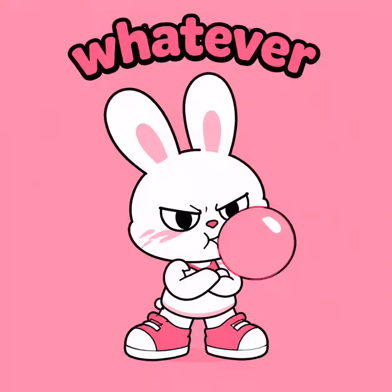 Cute grumpy white bunny blowing a pink bubblegum bubble with the word whatever on a pink background.