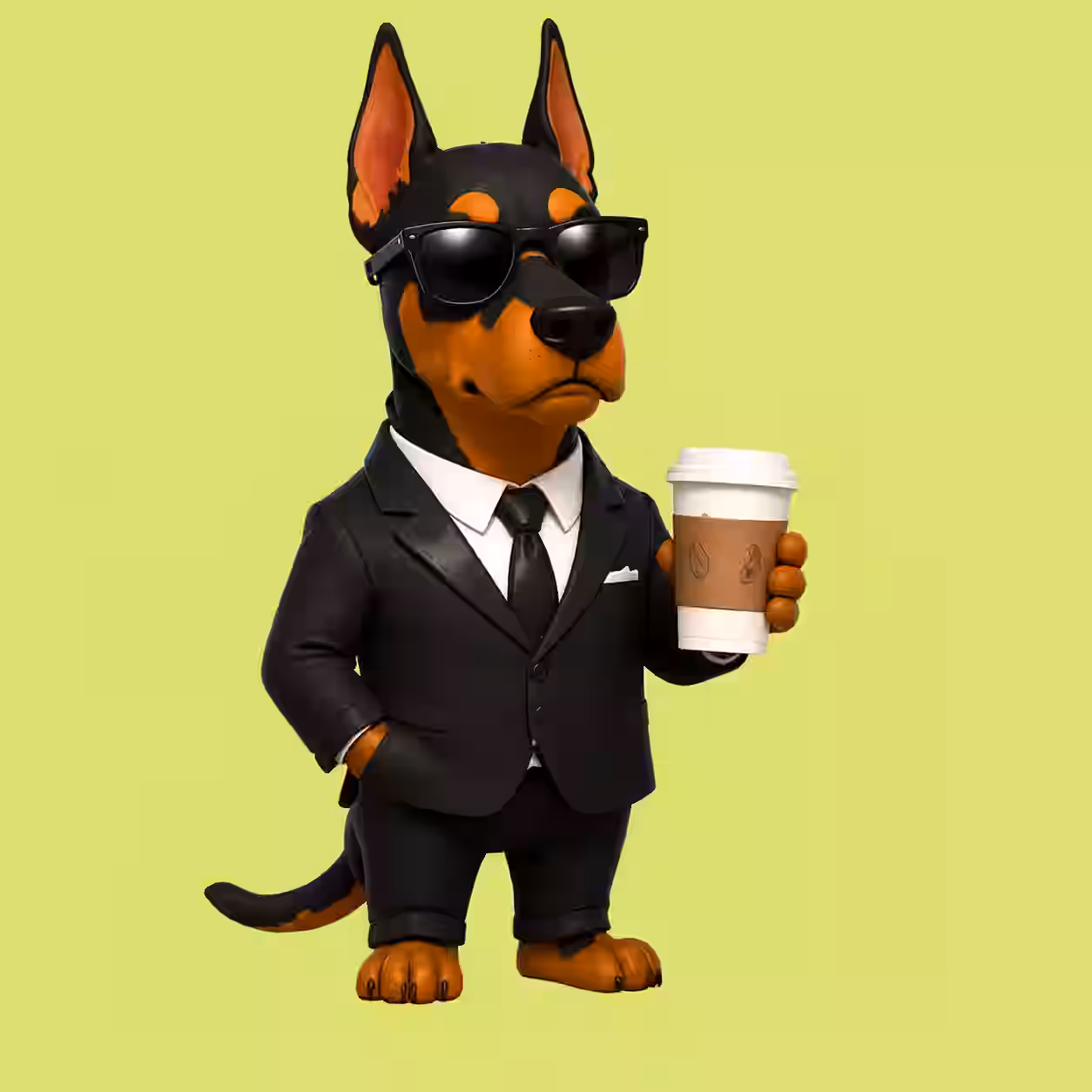 Doberman Pinscher wearing black suit sunglasses and holding coffee cartoon avatar.