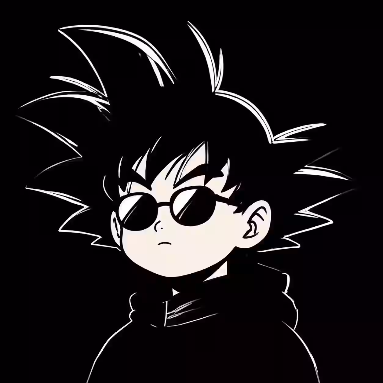 Dark anime boy with spiky hair, black hoodie, and round sunglasses on a black background.