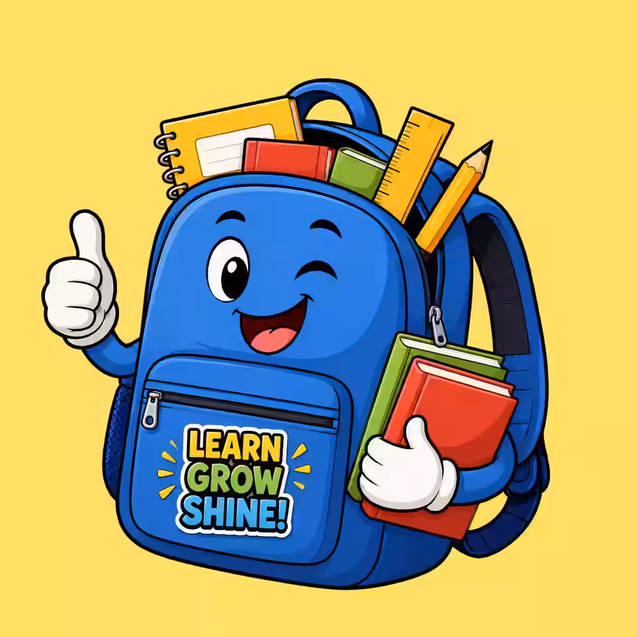 Cute blue school backpack holding books and giving a thumbs up on a yellow background.