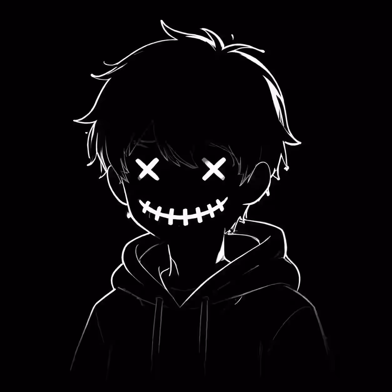 Dark hooded silhouette with glowing X eyes and a stitched smile on a black background.