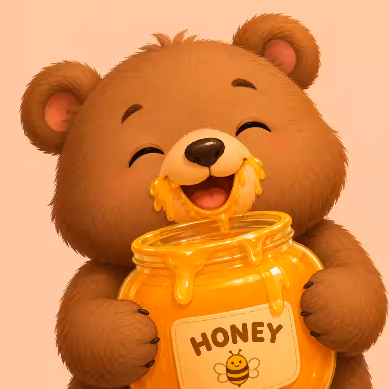 Cute brown bear eating honey from a jar with honey dripping on its face on a peach background