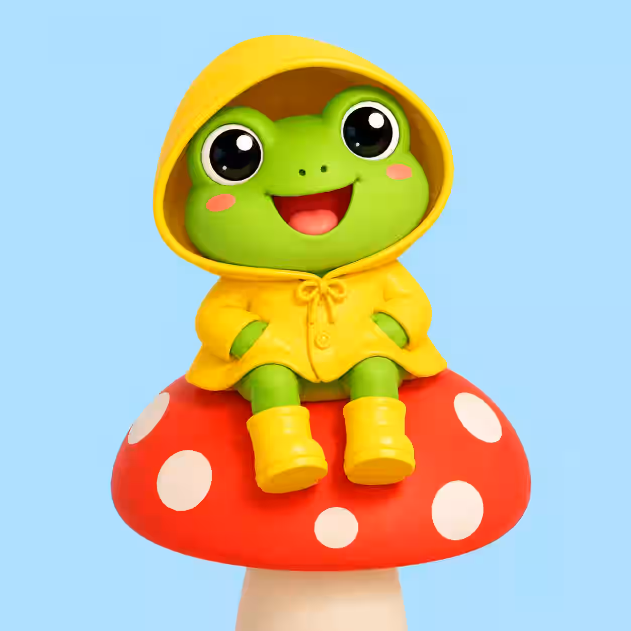Cute 3D green frog wearing a yellow raincoat and boots sitting on a red mushroom with white polka dots on a light blue background