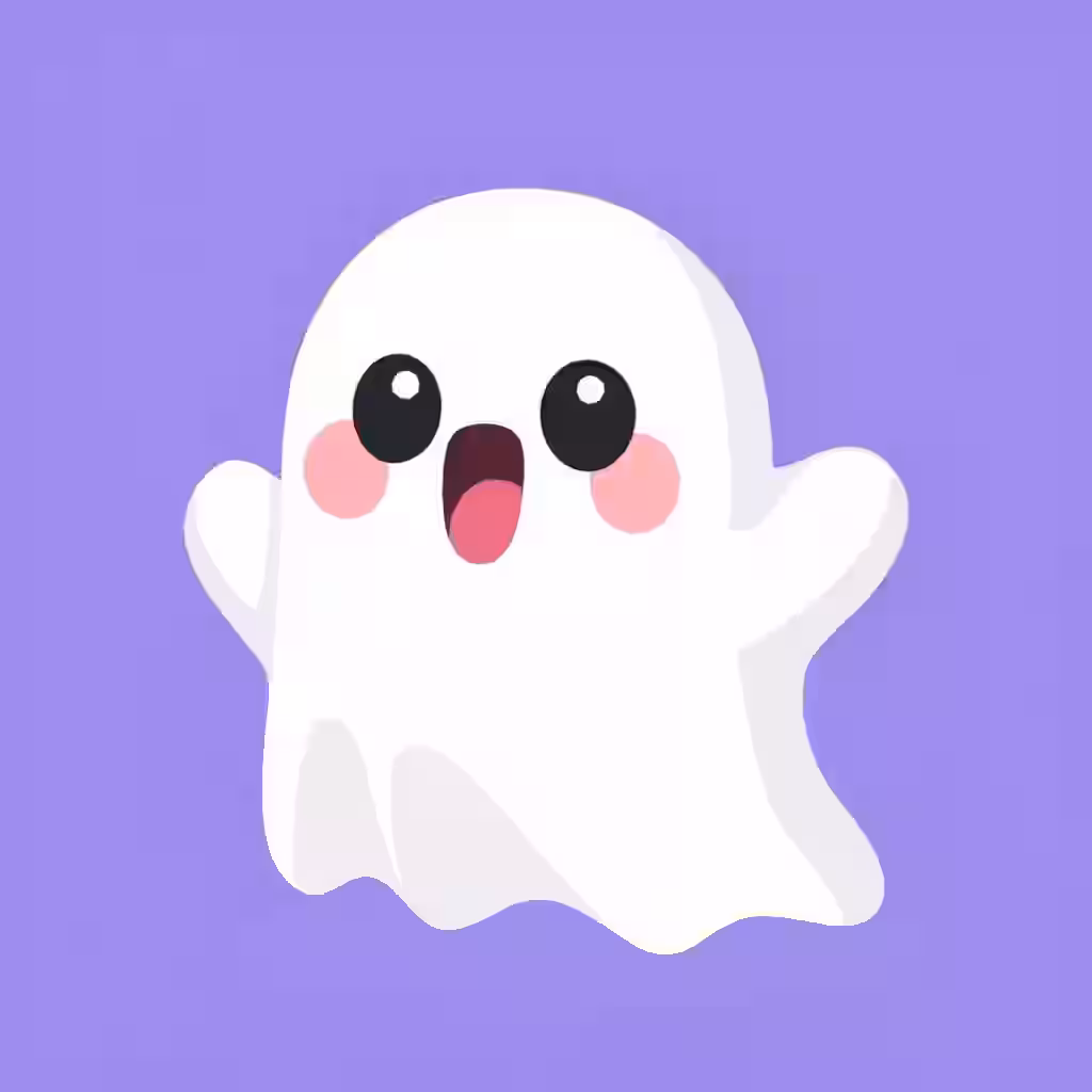 Cute kawaii ghost with smiling face on purple background, cartoon style illustration