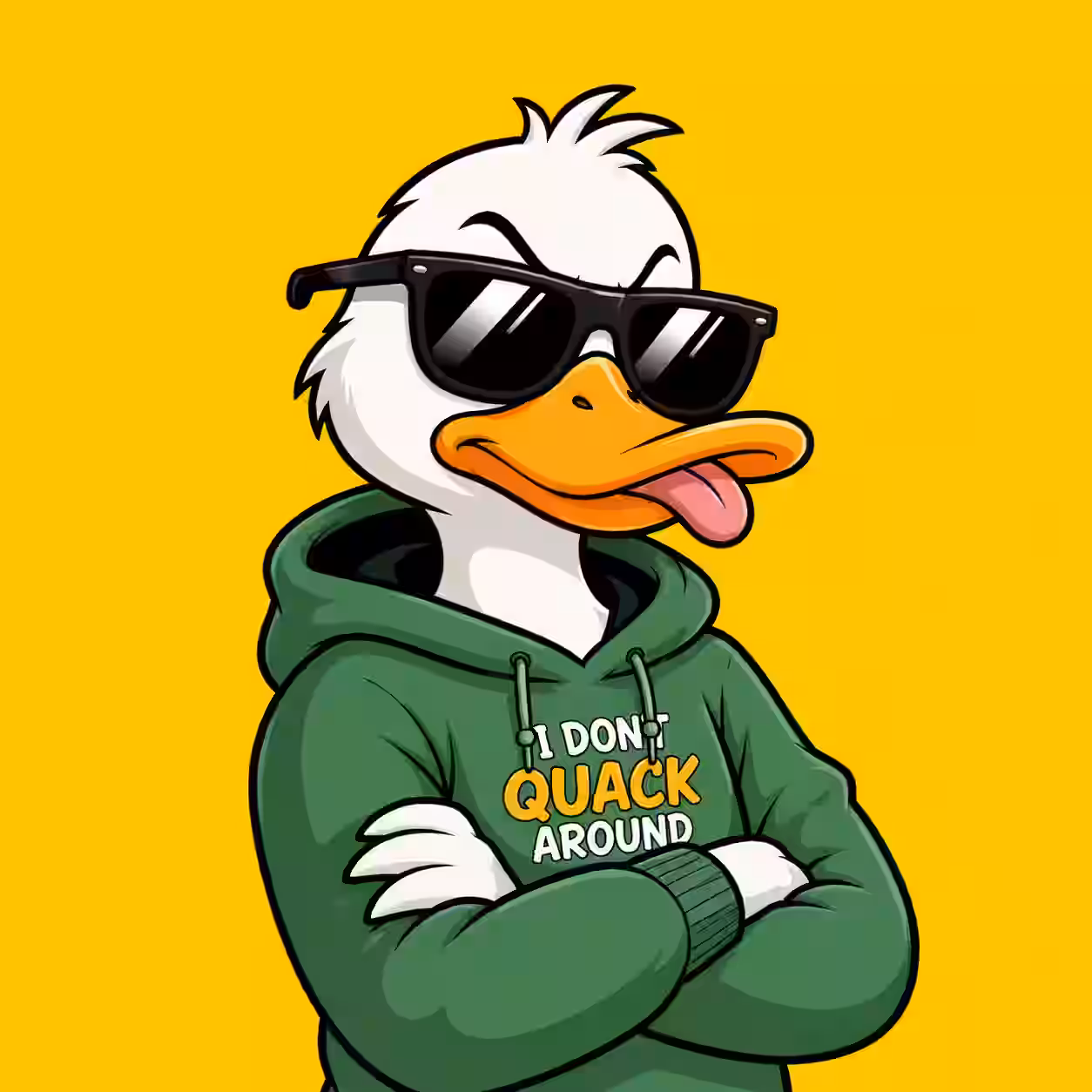 Cool duck wearing sunglasses and a green hoodie sticking its tongue out on a yellow background.