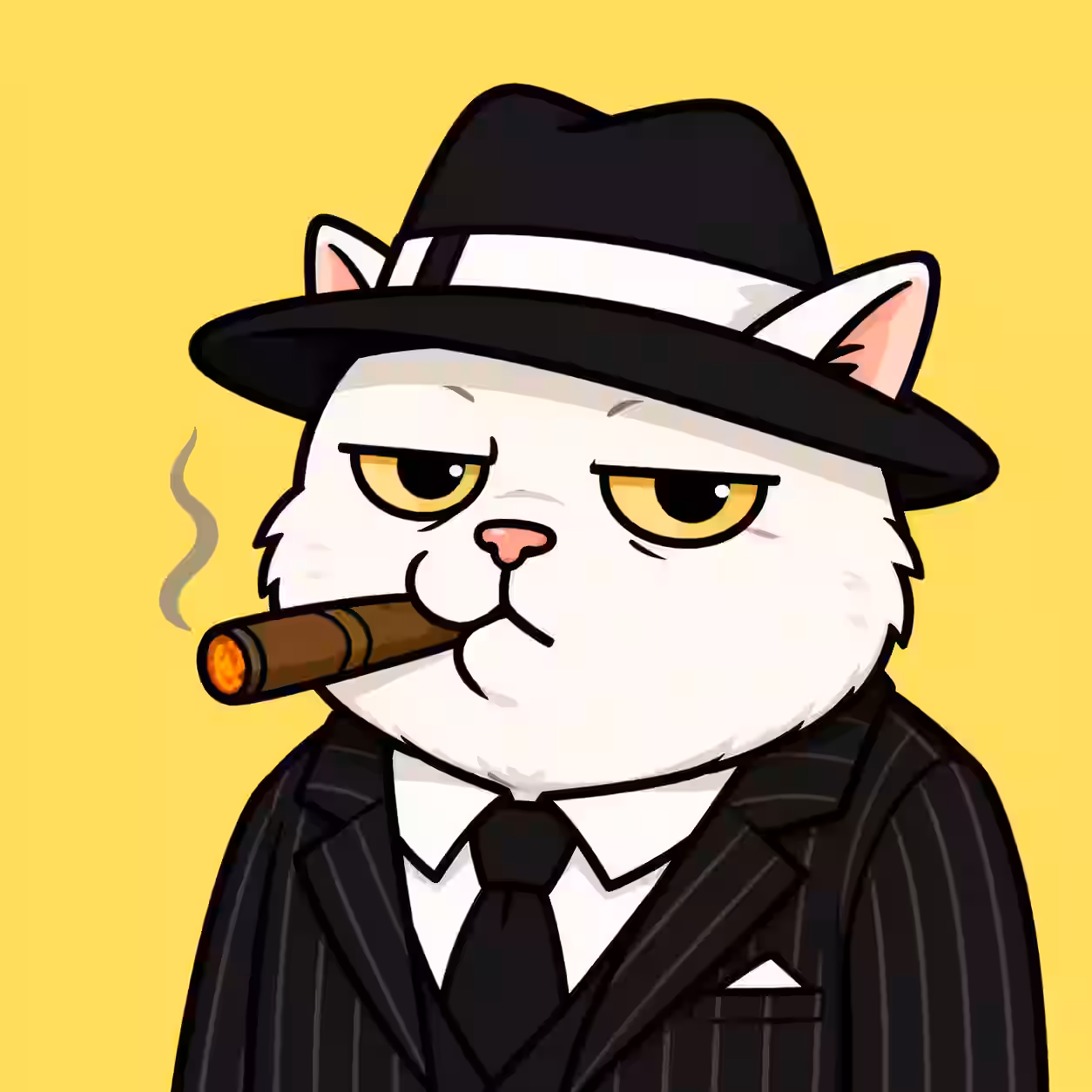 Funny white cat wearing a black mafia suit and fedora while smoking a cigar, grumpy cartoon profile picture on a yellow background.