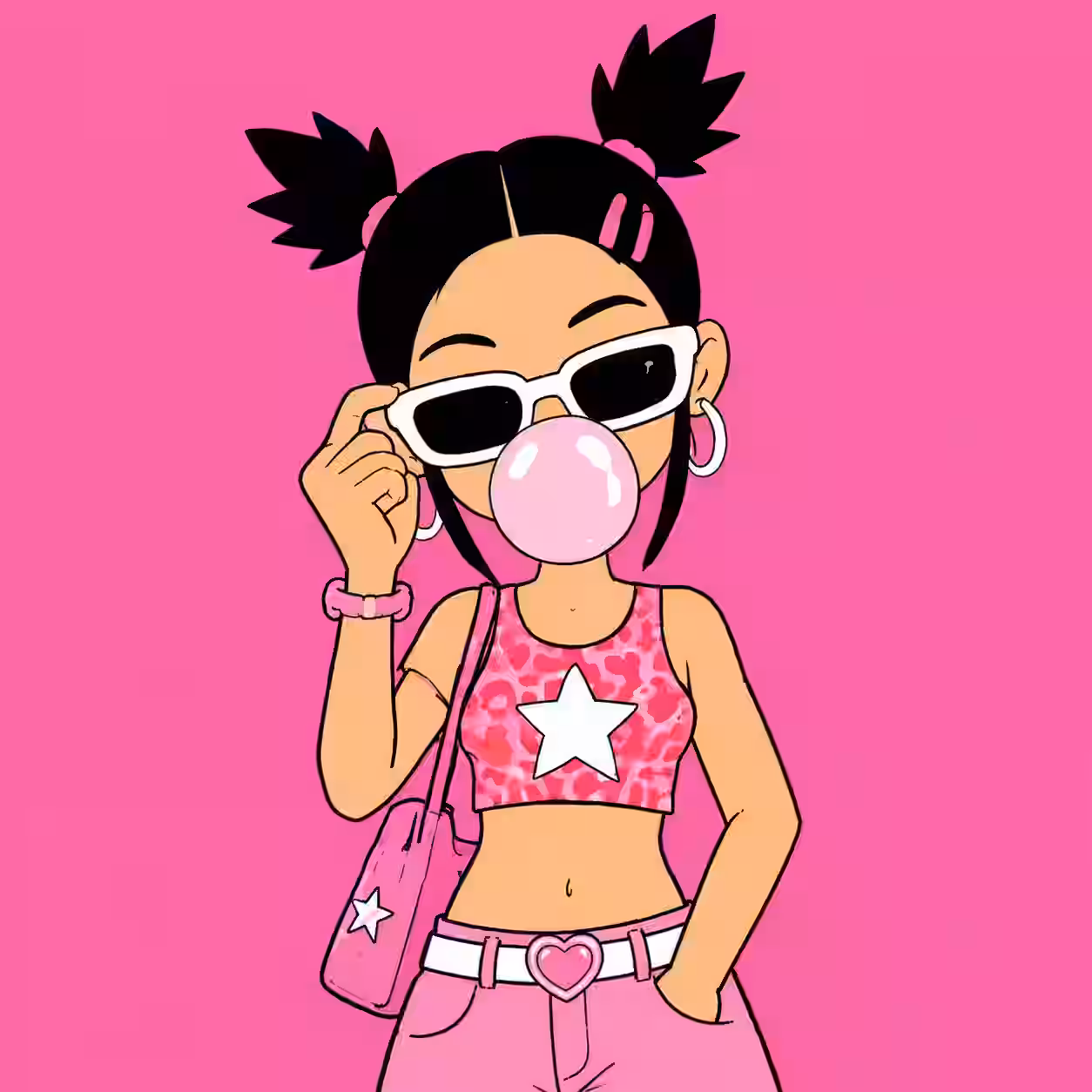 Cartoon girl profile picture wearing pink outfit sunglasses and blowing bubblegum.