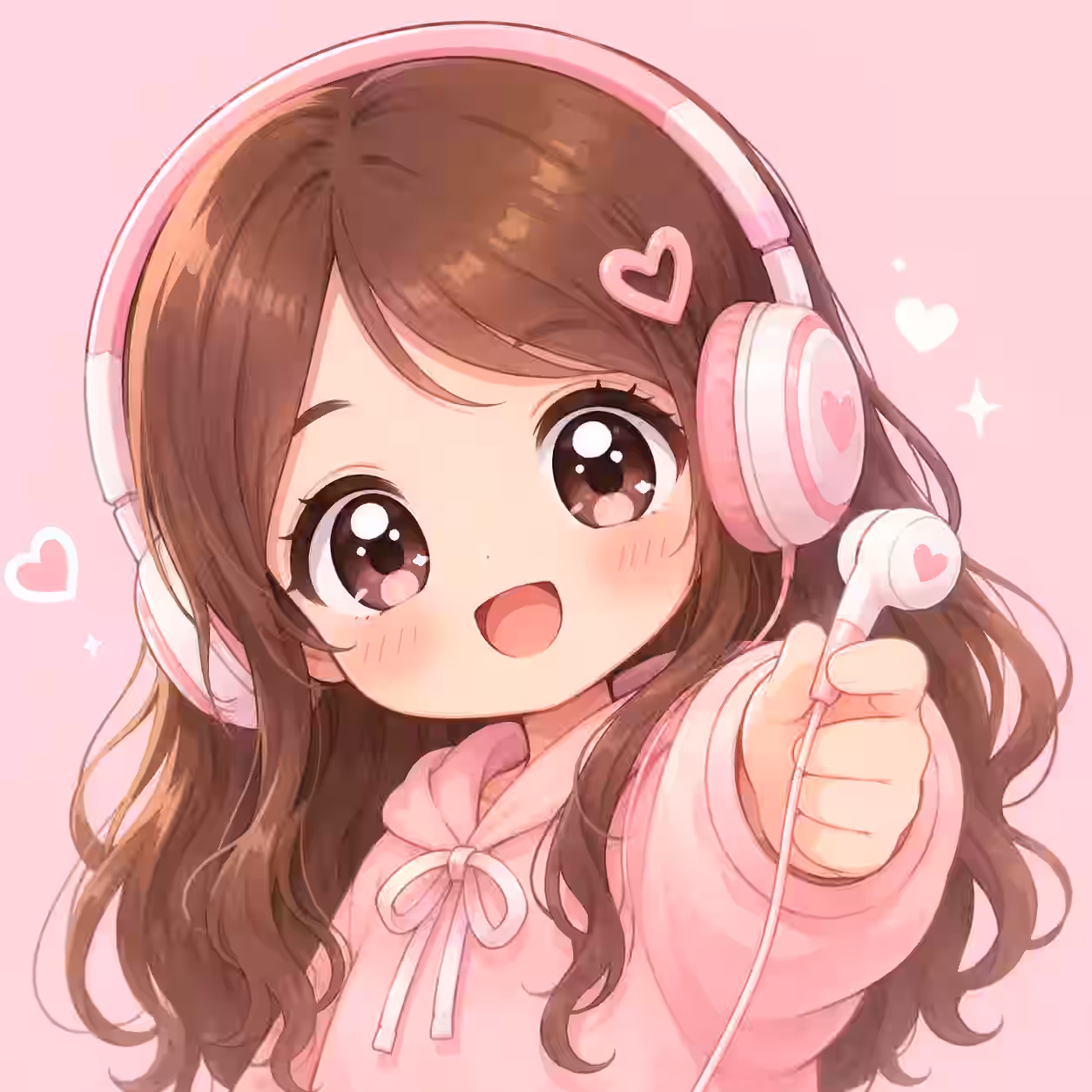Cute anime girl with brown hair wearing pink headphones holding out an earbud with hearts on pink background