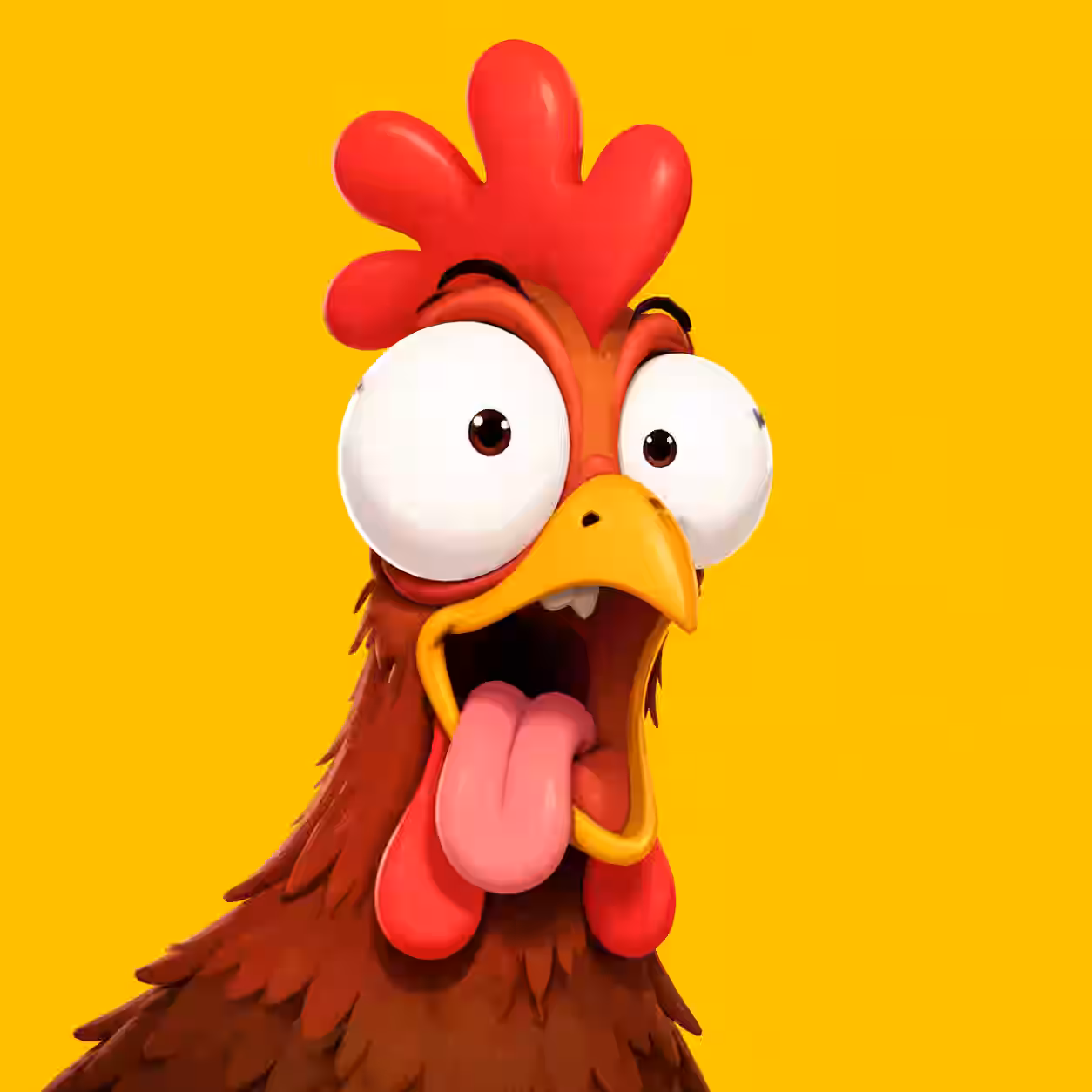 Funny cartoon chicken with huge googly eyes, tongue hanging out, and a shocked expression on a bright yellow background.