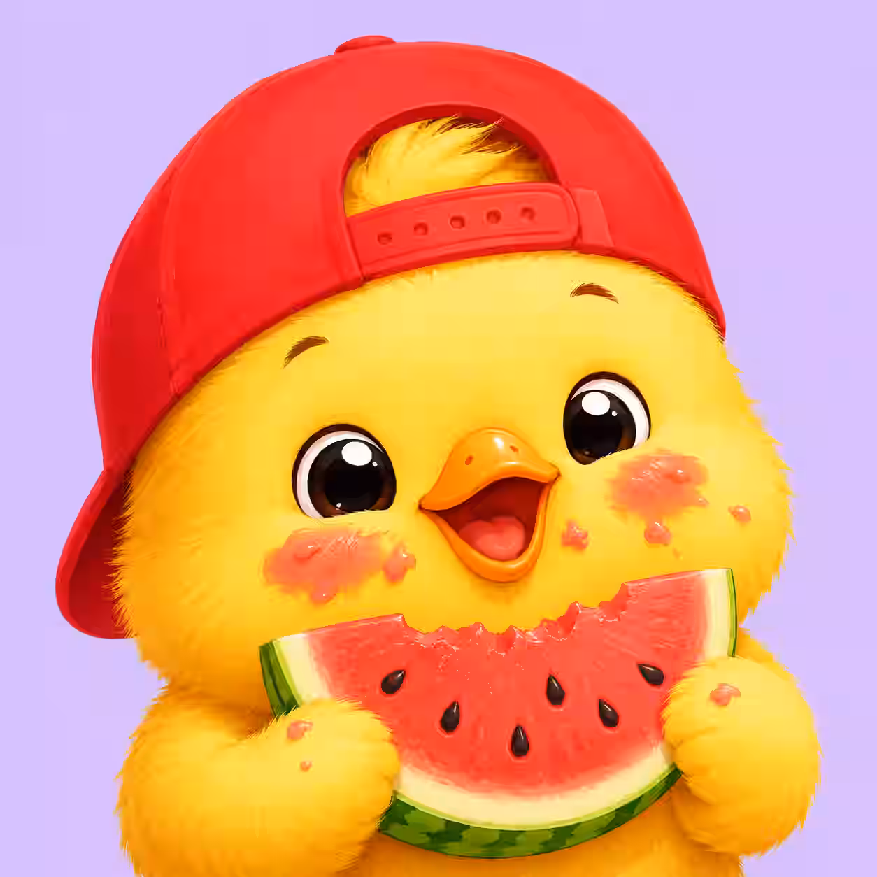 Cute fluffy yellow chick wearing a red backward baseball cap eating a slice of watermelon with juice on its face on a purple background