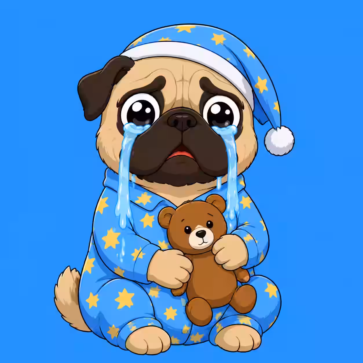Cute Pug wearing blue pajamas holding teddy bear cartoon avatar.