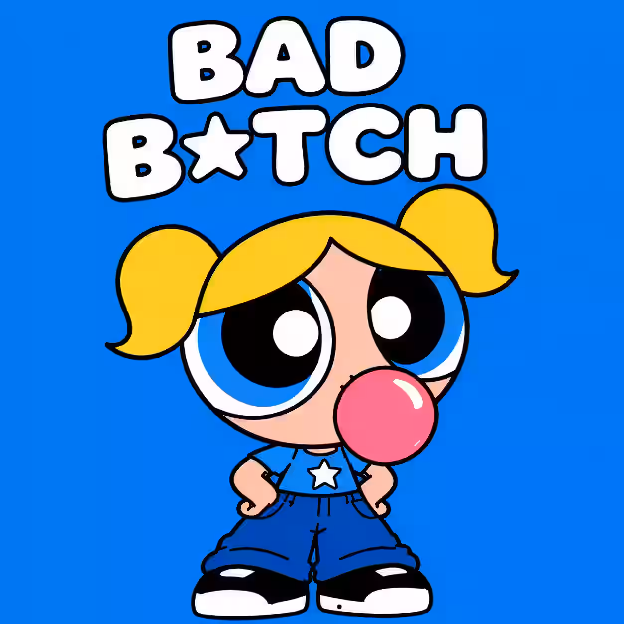 Cute cartoon girl blowing pink bubblegum under the words Bad Bitch on a blue background.