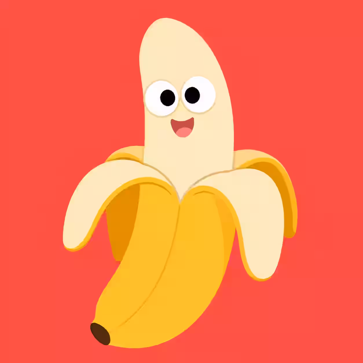 Cute cartoon banana with a smiling face on a red background.