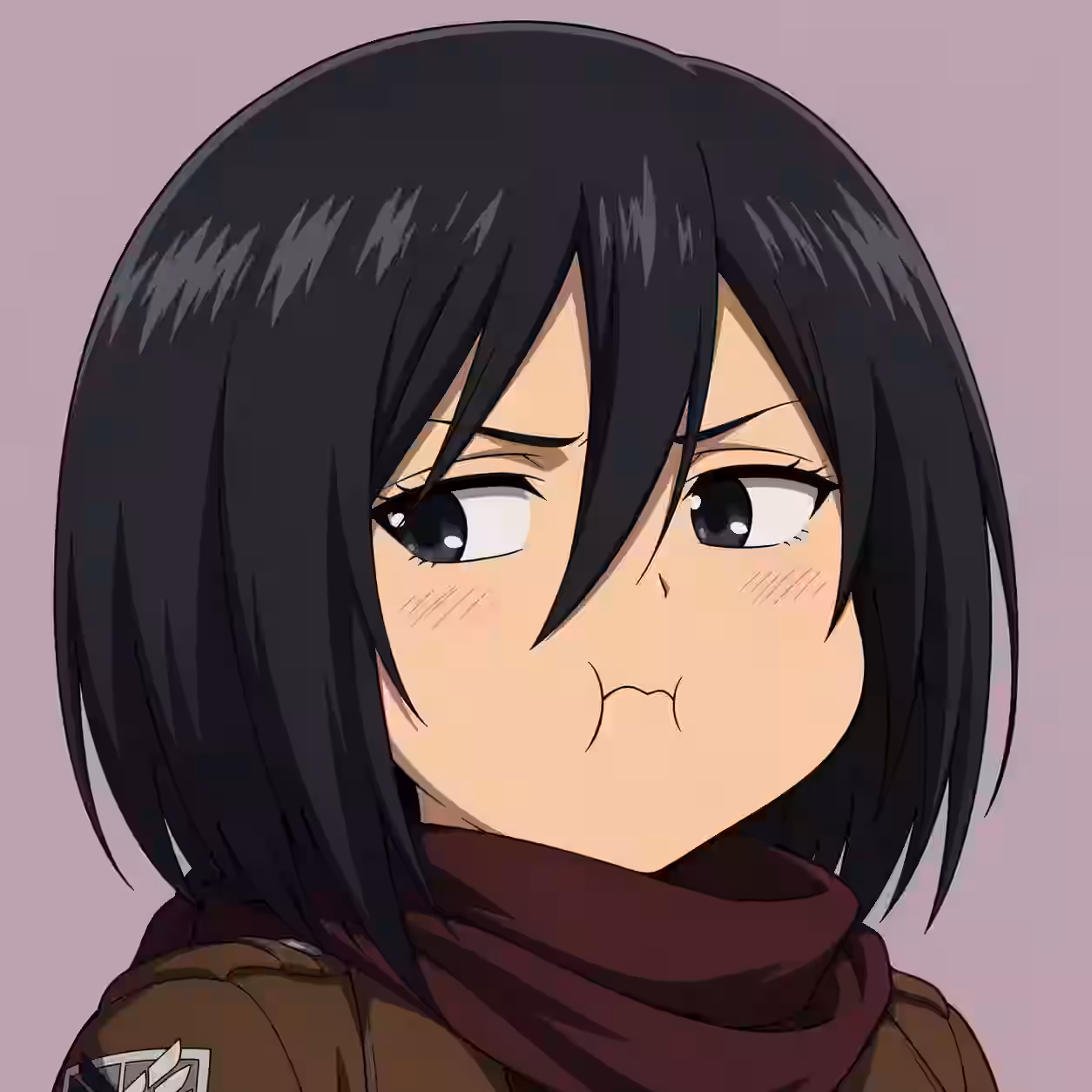 Funny Mikasa profile picture with puffed cheeks.