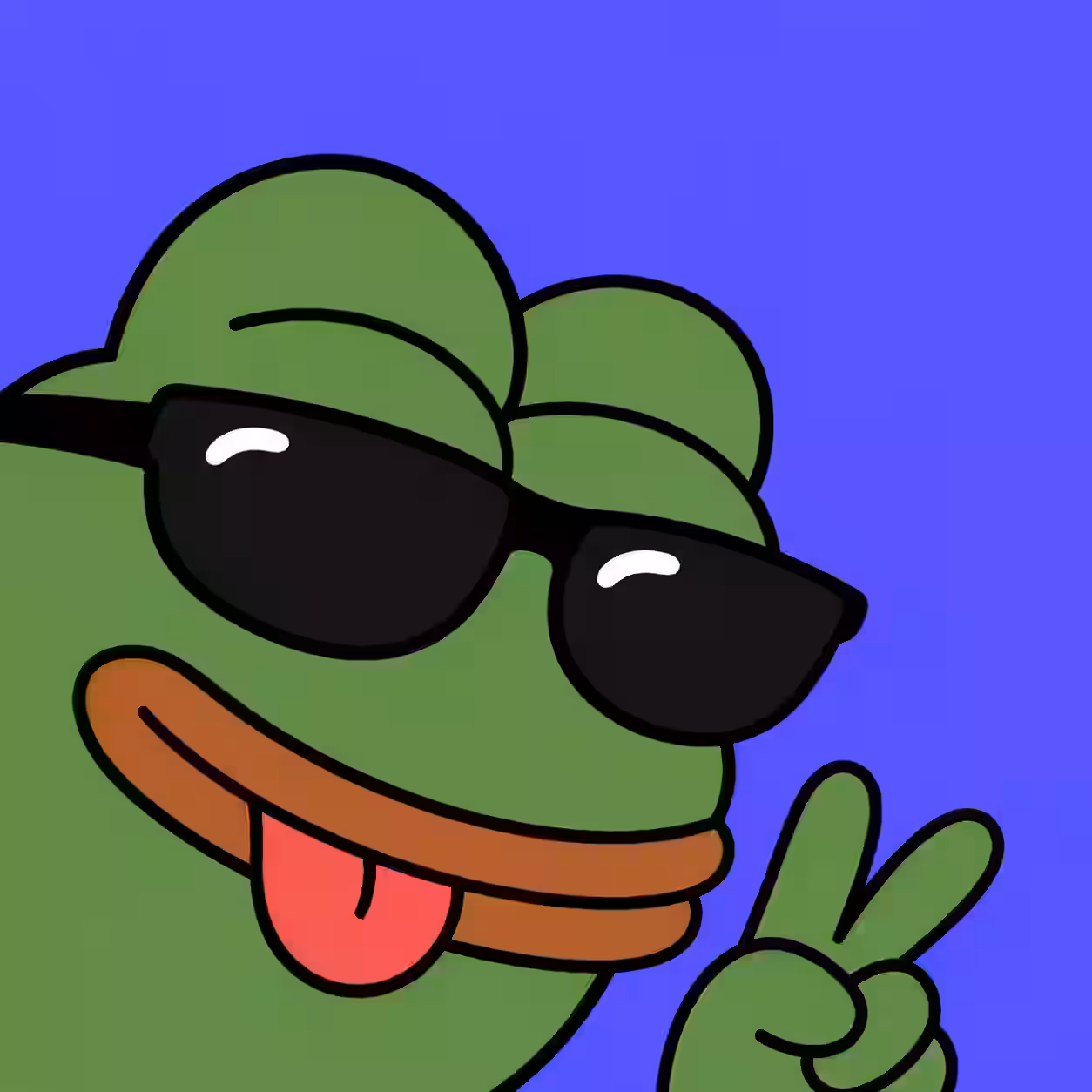 Pepe Frog wearing black sunglasses making a peace sign with his tongue out.