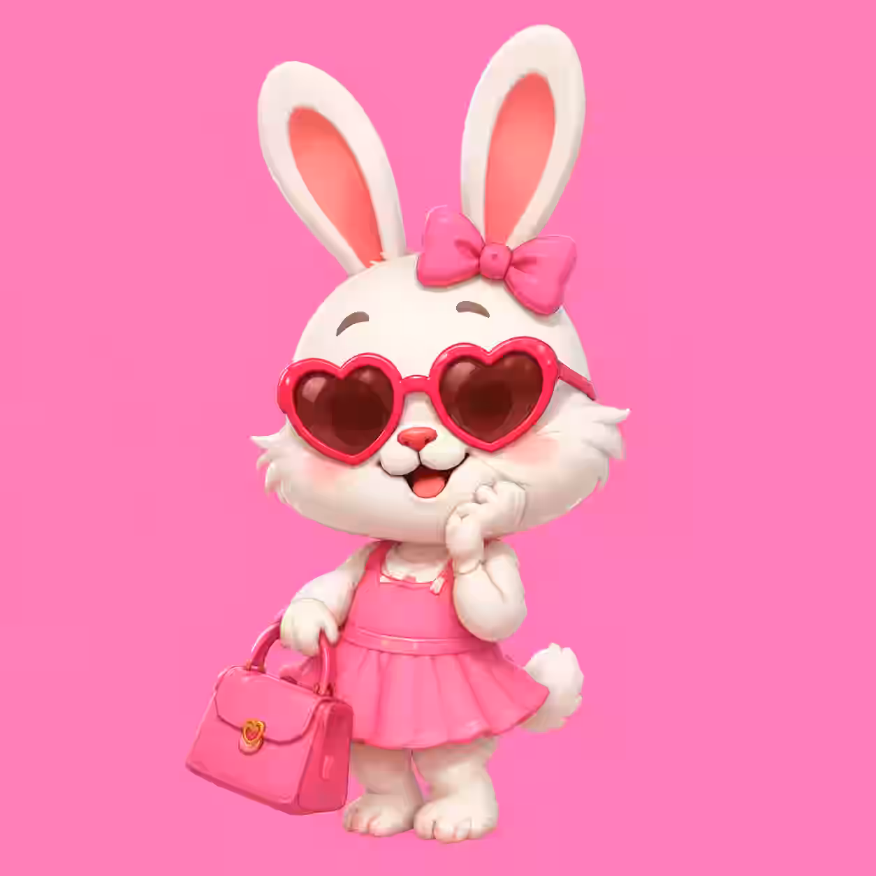 Cute white bunny wearing pink dress and heart sunglasses with a small handbag on a pink background, adorable cartoon profile picture.