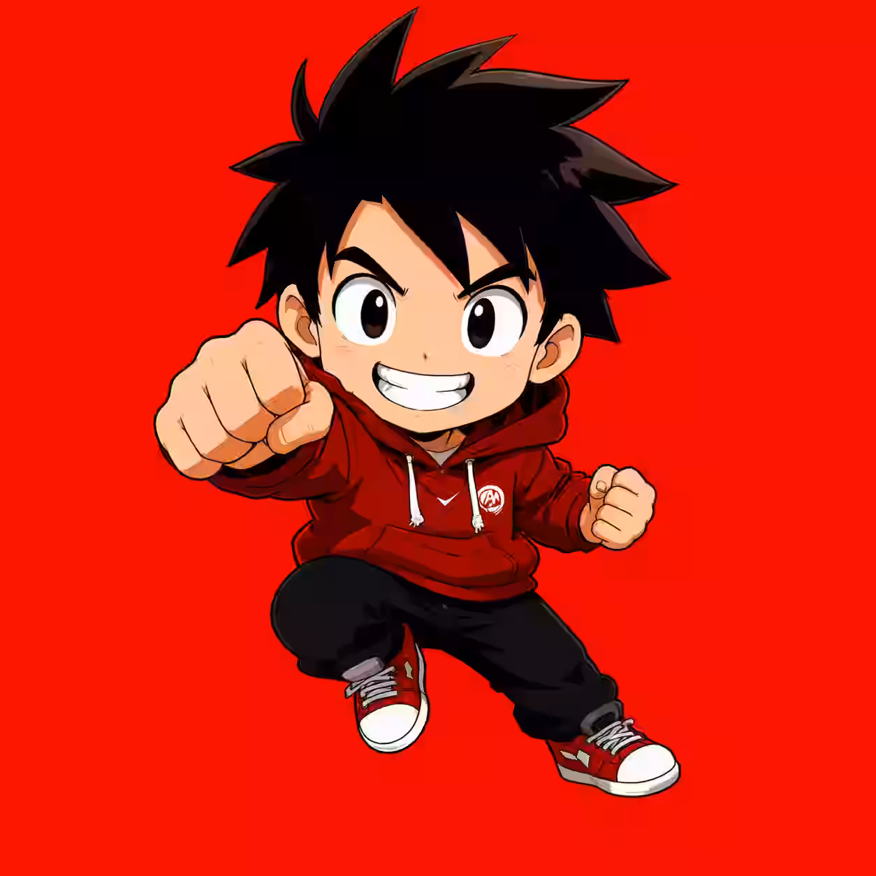 Cute anime hero in red hoodie throwing a punch cartoon avatar.