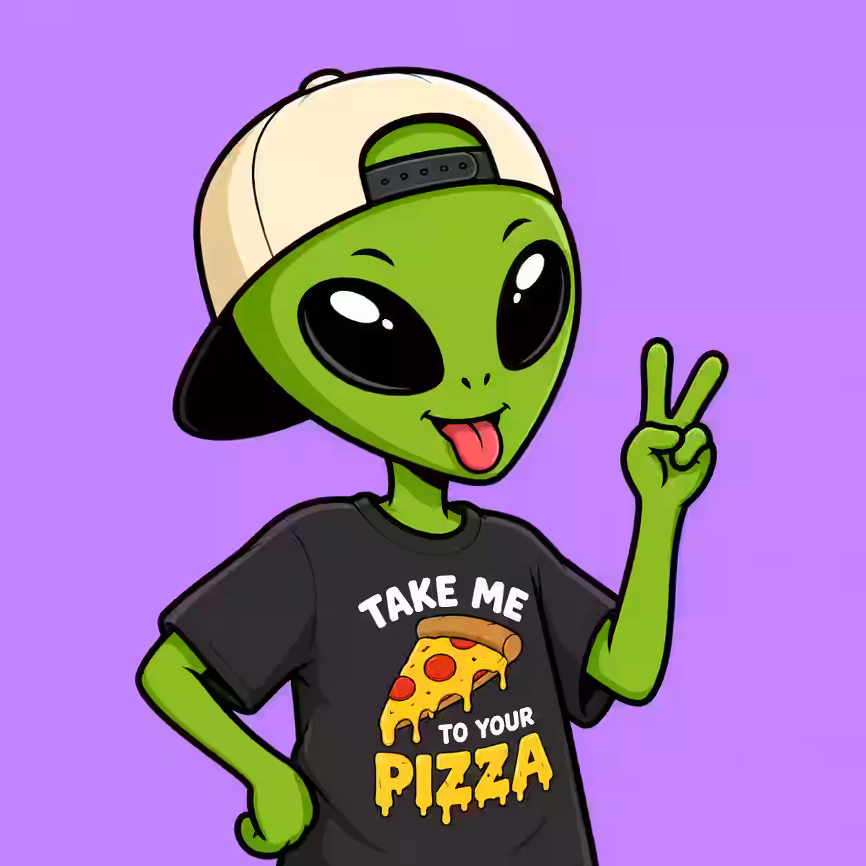 Funny green alien wearing a backwards cap, sticking its tongue out, and making a peace sign on a purple background.