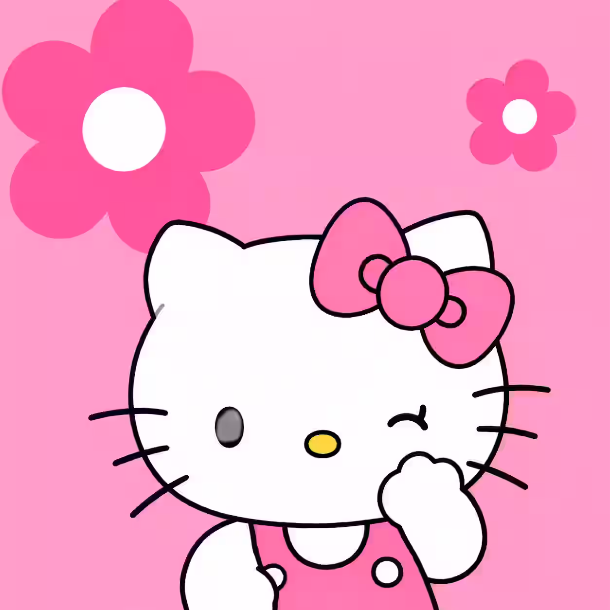 Cute pink cat cartoon profile picture with bow and wink on a flower background.