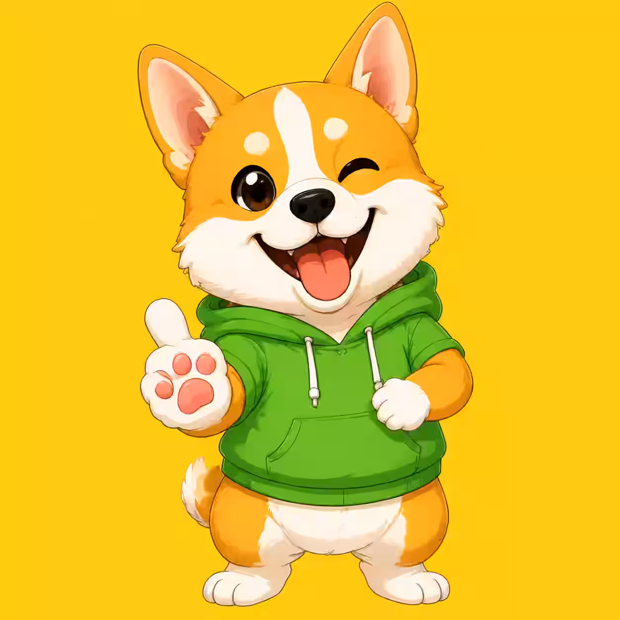 Pembroke Welsh Corgi wearing green hoodie and waving paw cute cartoon avatar.