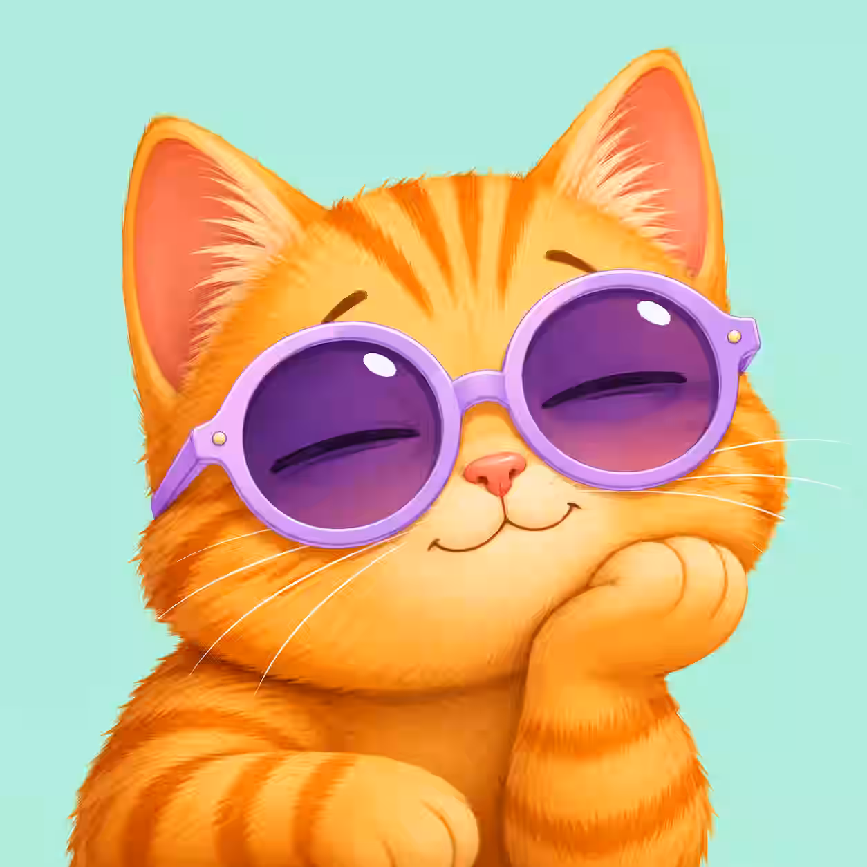 Cute orange tabby cat wearing large purple sunglasses resting chin on paw on mint green background