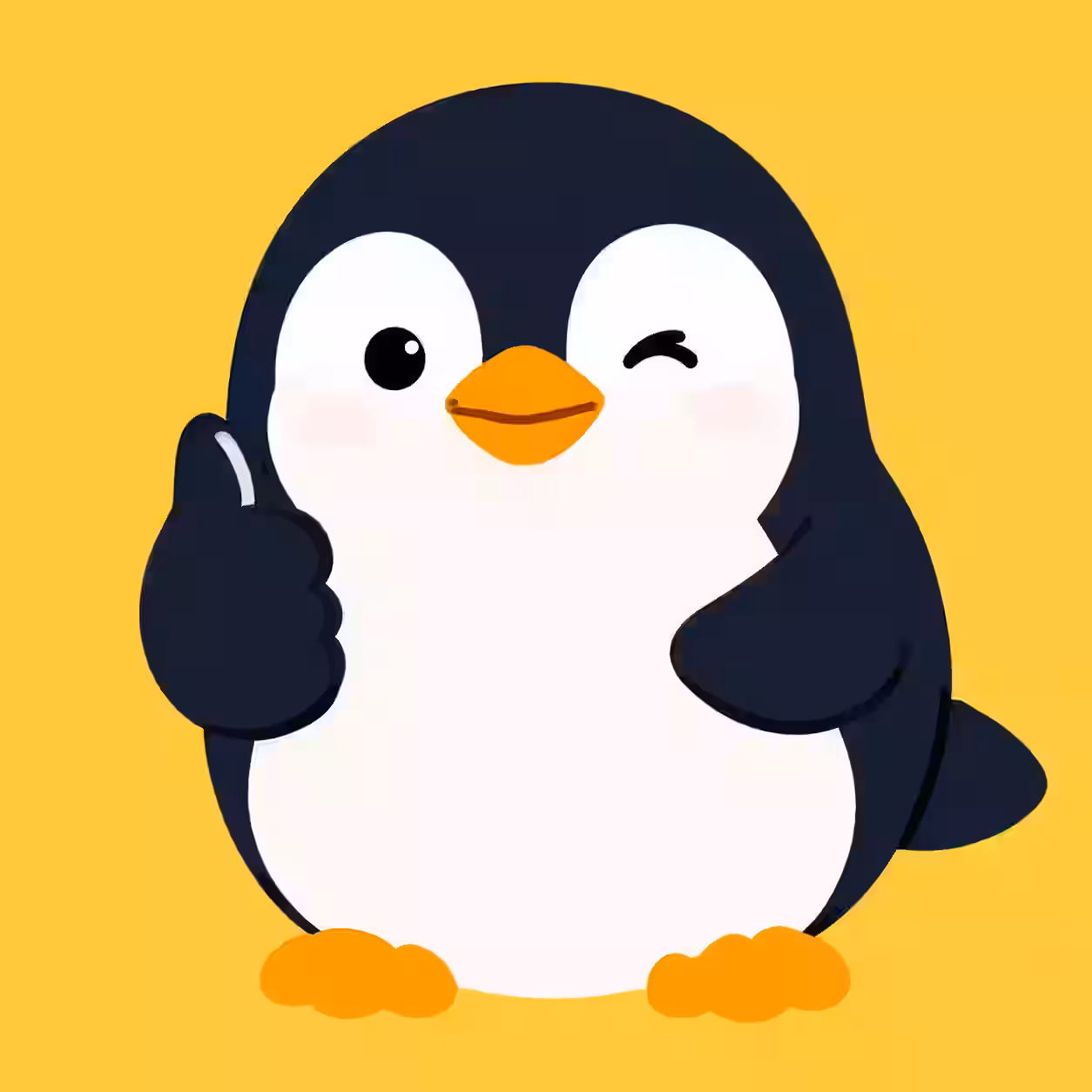 Cute penguin cartoon profile picture with a wink and thumbs up on a yellow background.