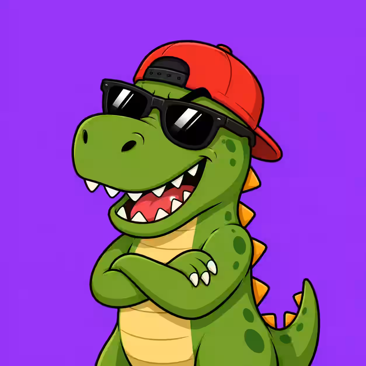 Funny green dinosaur wearing sunglasses and a backwards red cap with crossed arms on a purple background.