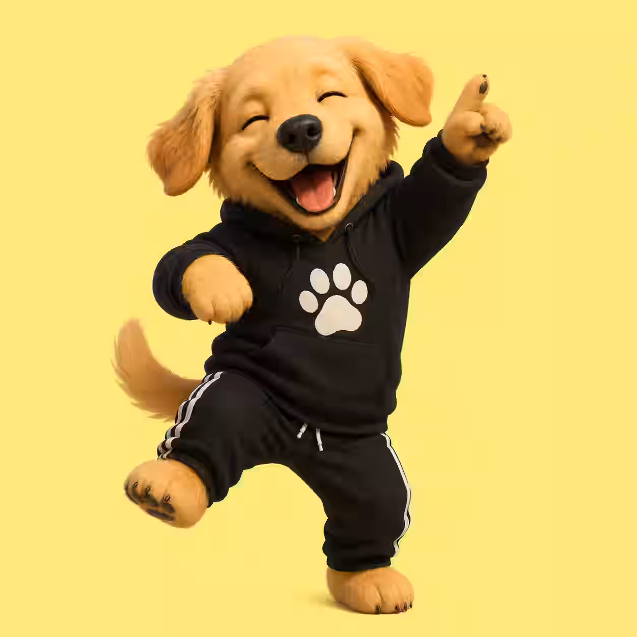 Funny golden puppy wearing a black hoodie and joggers, dancing with one paw pointing upward, smiling with closed eyes, cartoon profile picture on a simple yellow background.