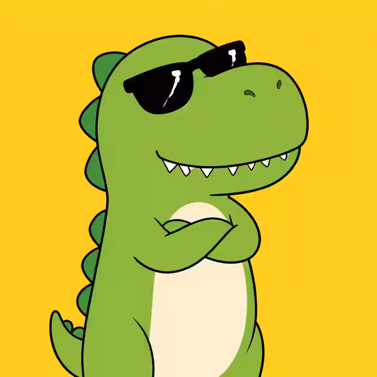 Cute cartoon dinosaur profile picture wearing black sunglasses with crossed arms.