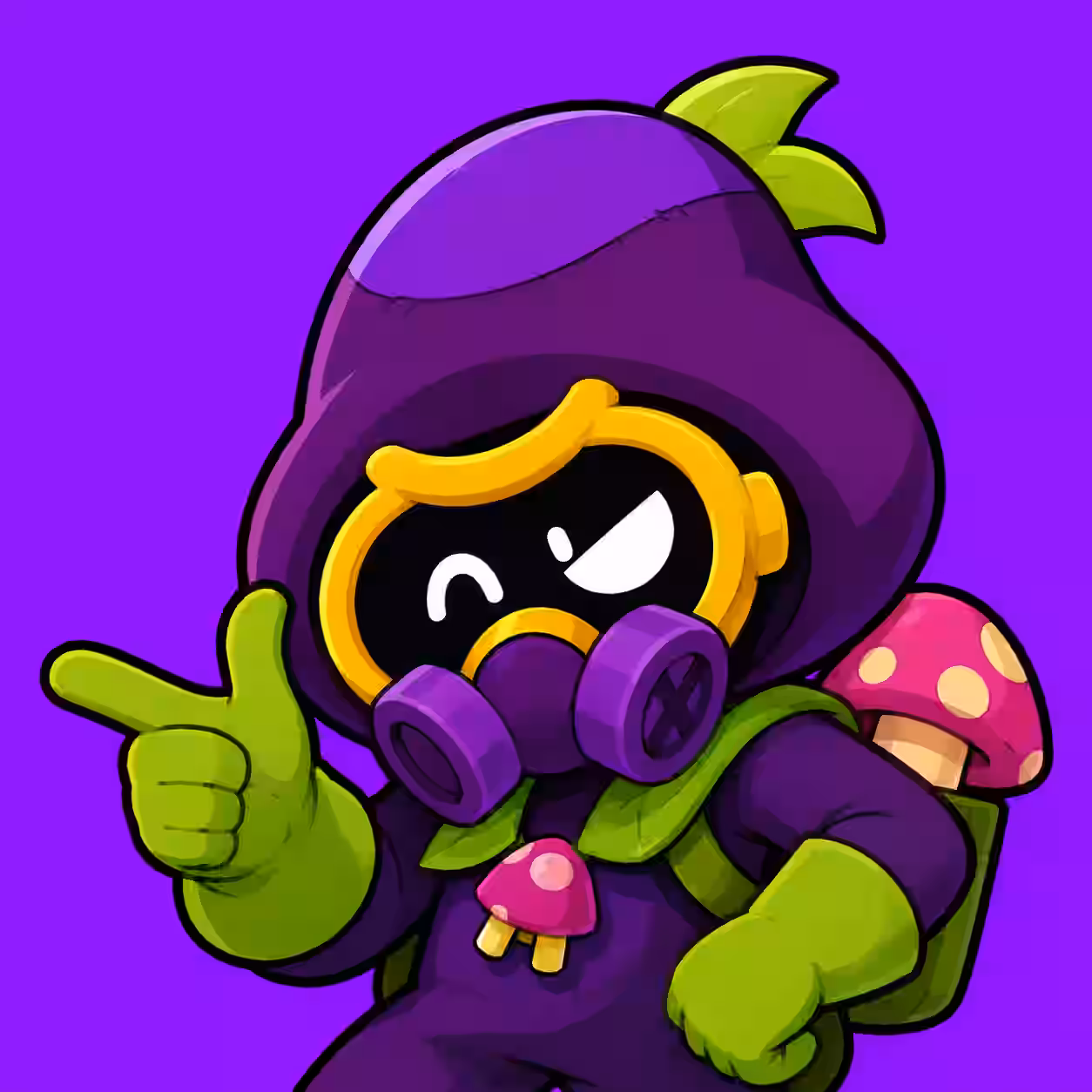 Cordelius from Brawl Stars giving a thumbs-up while wearing a purple mushroom hood and gas mask, cartoon gaming profile picture on a bright purple background.