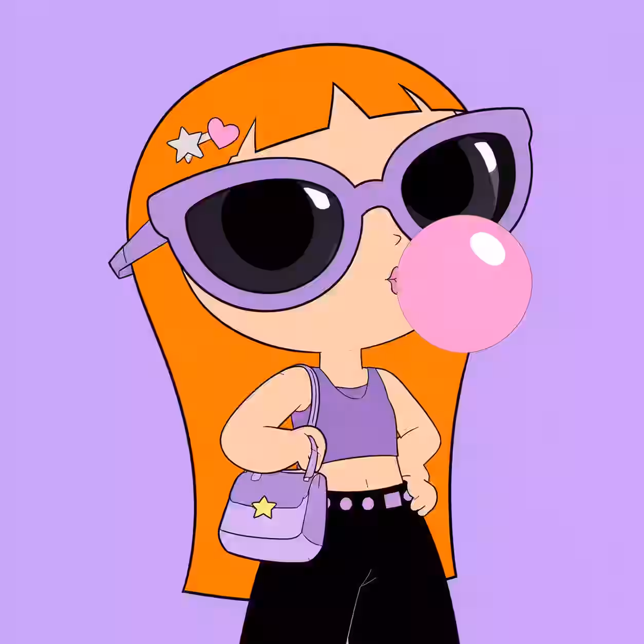 Cool cartoon girl profile picture with purple sunglasses blowing bubble gum and stylish outfit.