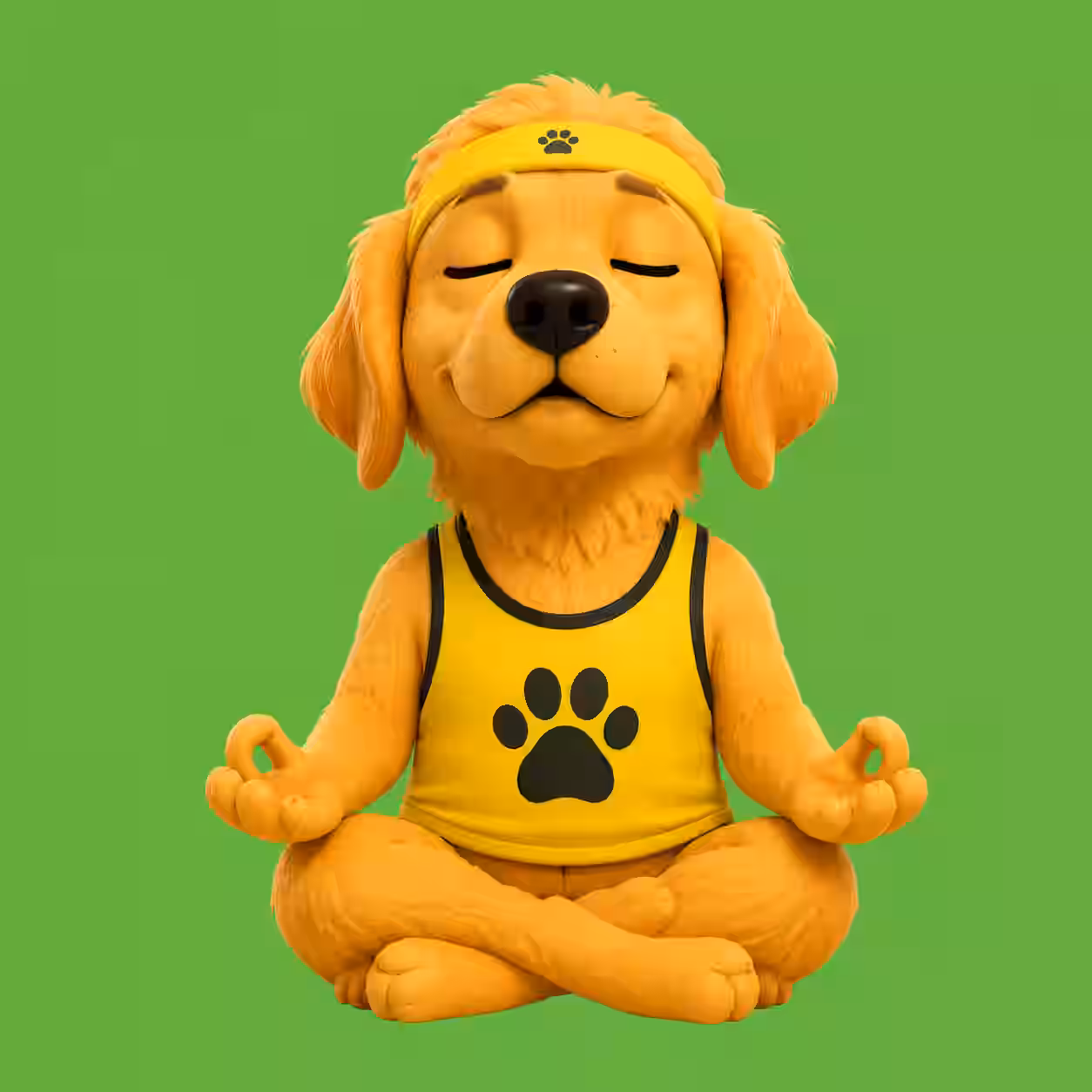 Golden Retriever dog wearing yellow outfit sitting in meditation pose cartoon avatar.