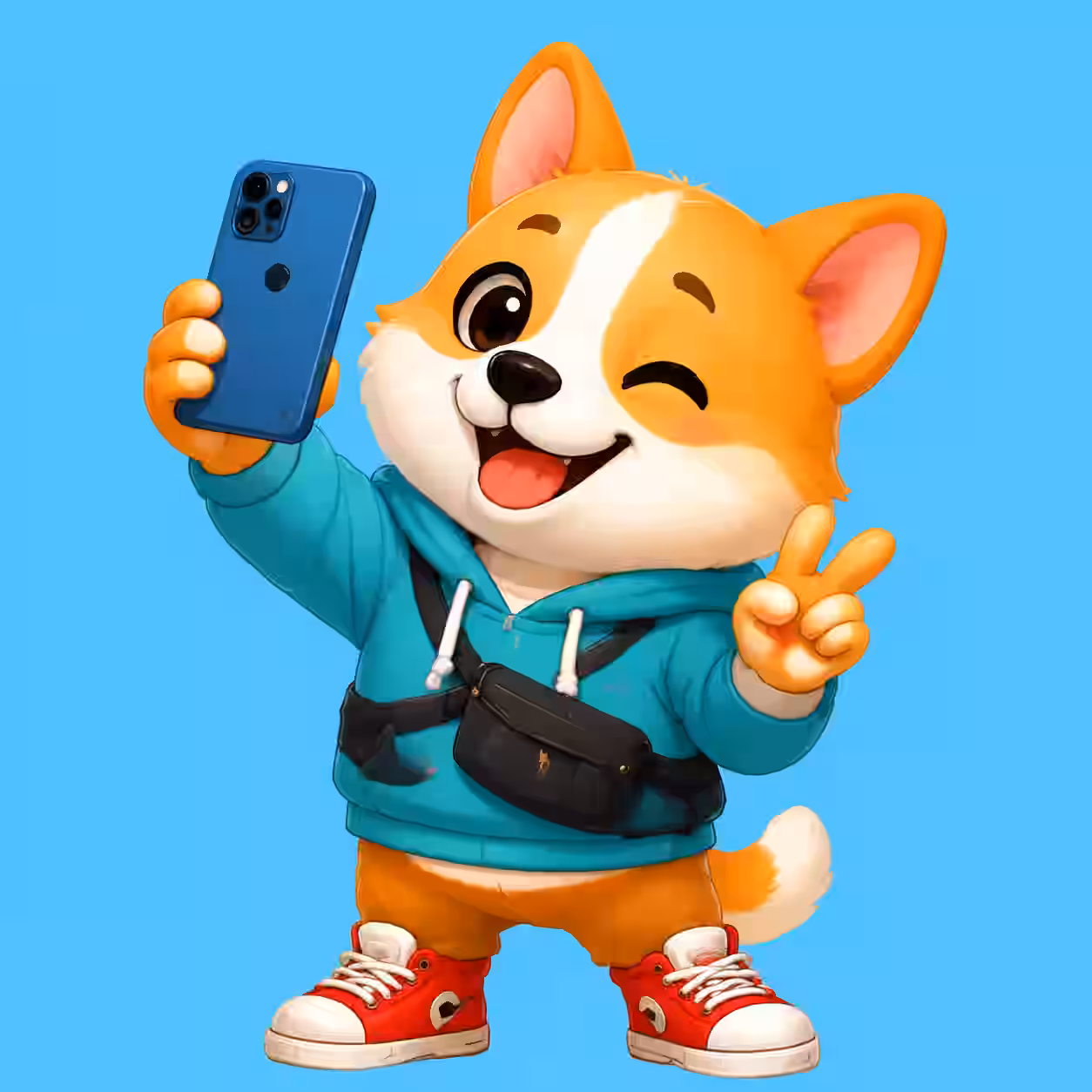 Cute corgi dog wearing a blue hoodie and sneakers taking a selfie with a phone while making a peace sign, cartoon profile picture on a blue background.