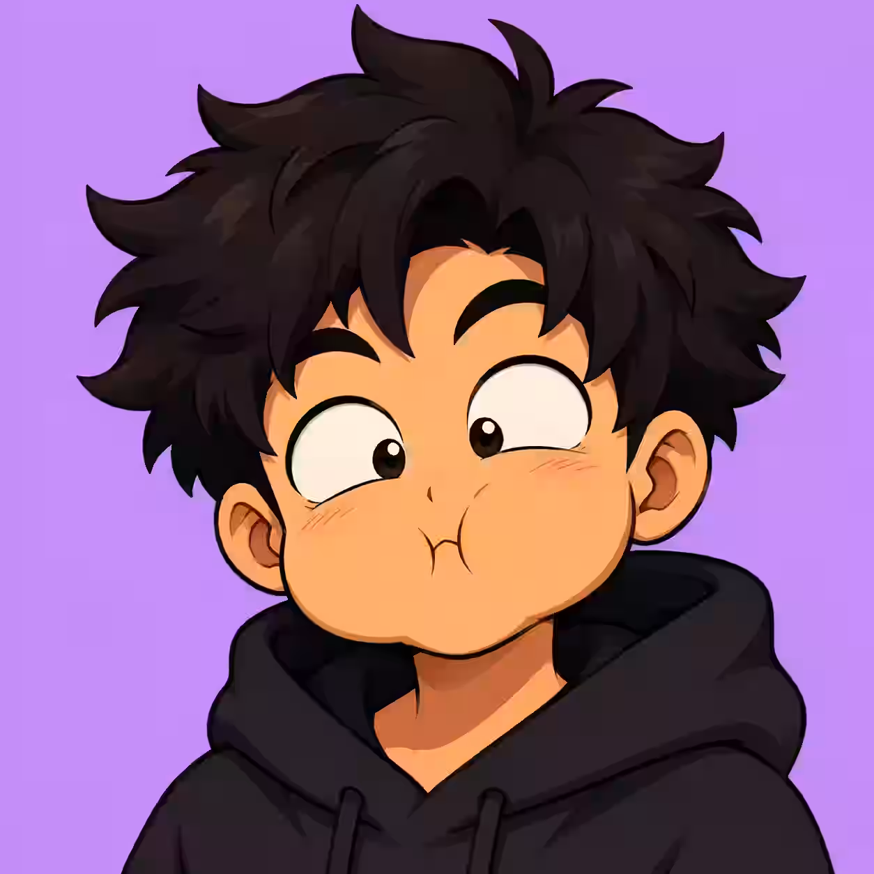 Funny anime boy with puffed cheeks wearing a black hoodie.