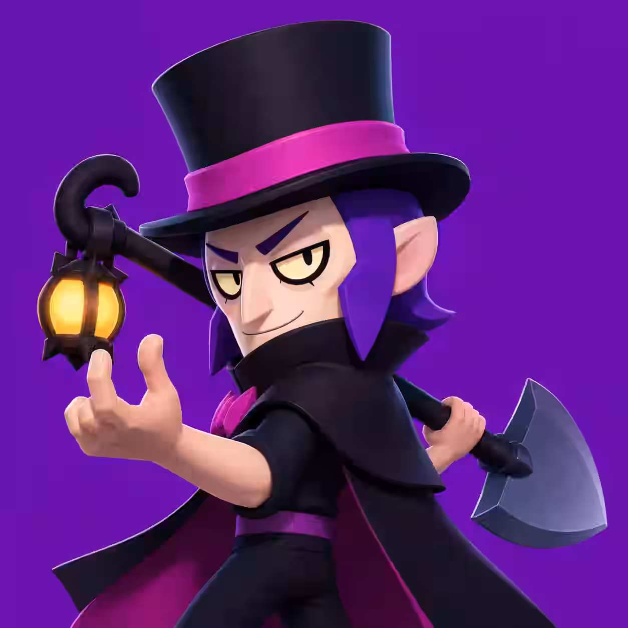 Mortis from Brawl Stars holding a lantern and shovel with a confident grin, cartoon gaming profile picture on a bright purple background.