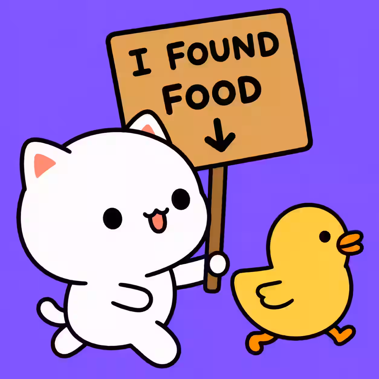Cute white cat holding an I Found Food sign while chasing a yellow duck.