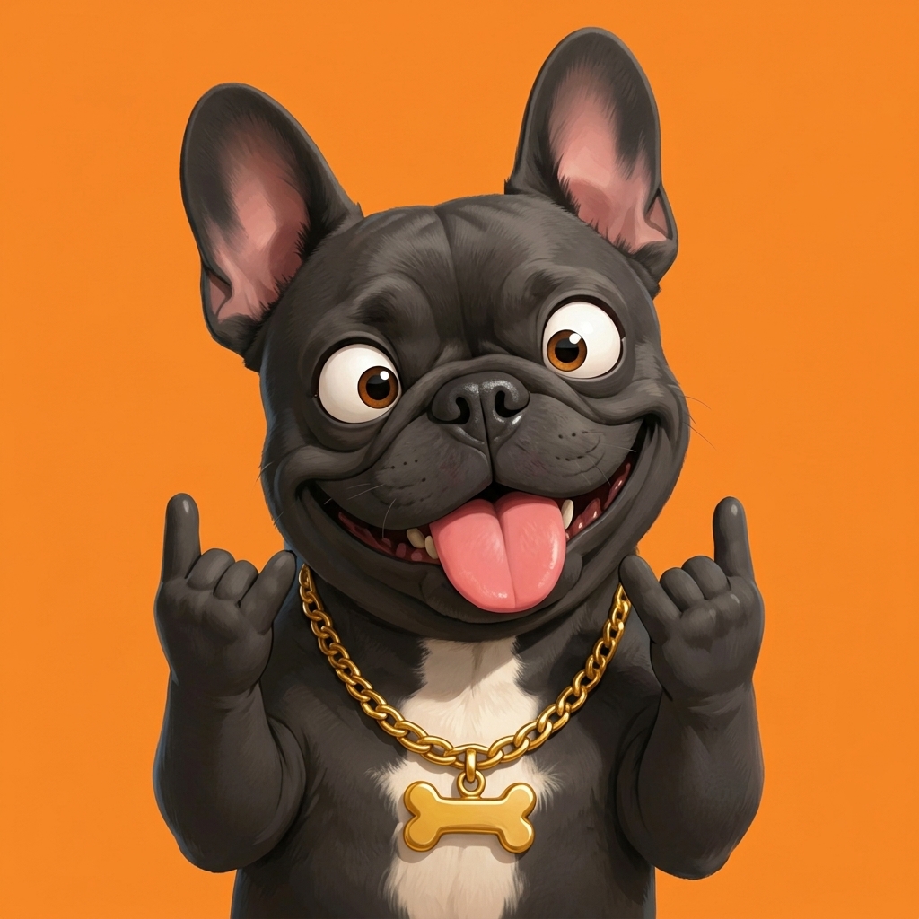Funny French Bulldog PFP wearing a gold chain with tongue out and playful hand signs on an orange background.